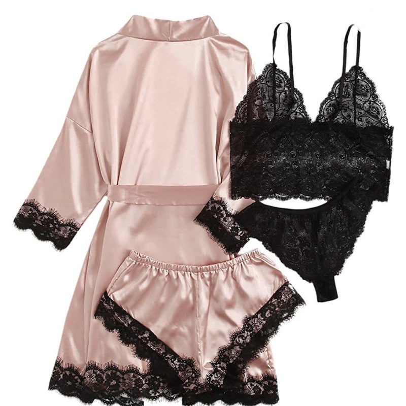 Lace-Painted Satin Pijamas 4-Piece ნაკრები