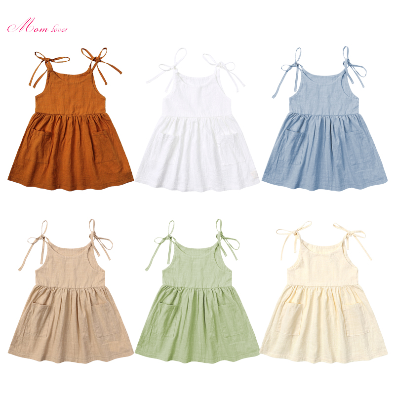 გოგონა’ მყარი კაბა Sleeveless Mini კაბები ზაფხულის სანაპირო Sundress