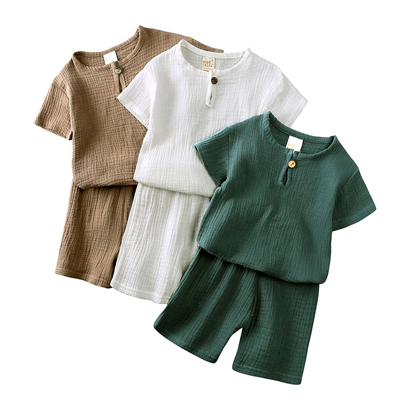 ბავშვის Muslin Outfit Set მრგვალი Neckline მოკლე Sleeve